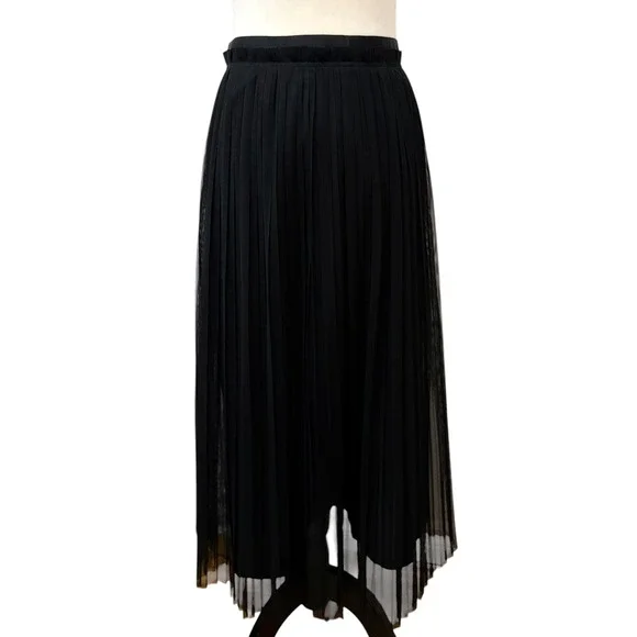 Banana Republic Black Pleated Tulle Midi Skirt Size 10 Tall Mesh Accordion Core - Picture 2 of 8